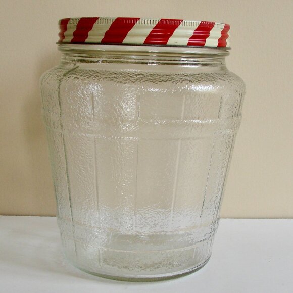 Vintage Glass Jar Nutty Club Peanut Butter Red and White Striped Lid ~ RARE - Picture 2 of 9